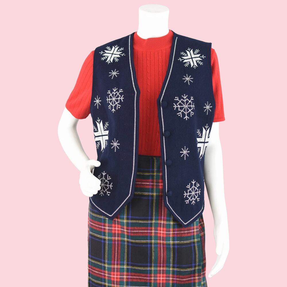 Karen Scott Blue Embroidered Snowflakes Christmas Vest, Women's Medium